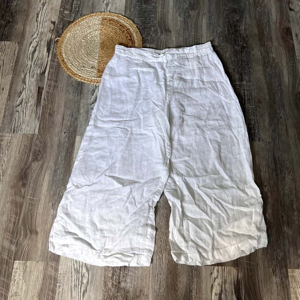 FLAX Womens 100% Linen Wide-Leg Pants-White-Size Large